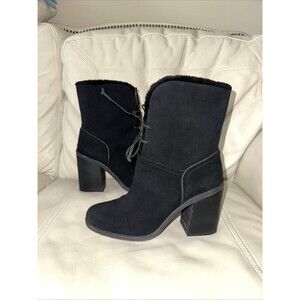 UGG Womens Mid-Calf Boots Black Suede Chunky Heel Sz 9.5 Line Faux Fur Soft